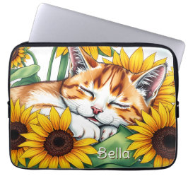 Capa Para Notebook Cute Napping Kitten and Sunflowers Personalized