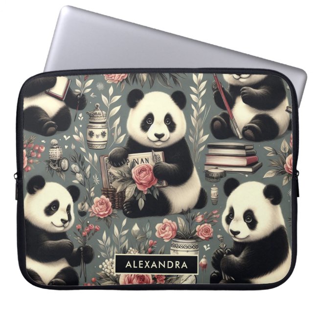 Capa Para Notebook Cute Vintage Panda Floral (Frente)