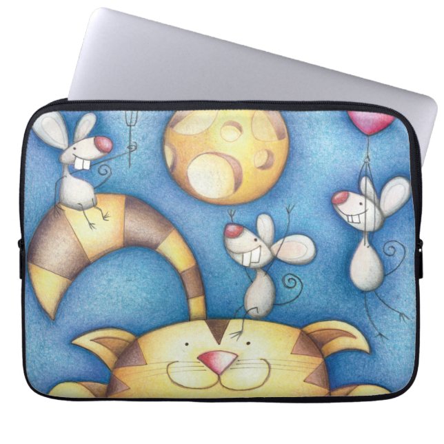 Capa Para Notebook Cute Whimsical Cat and Mouse Moon Art (Frente)