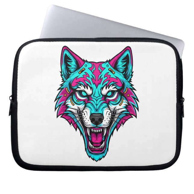 Capa Para Notebook Cyberpunk Neon Wolf - Synthwave Robotic Animal (Frente)