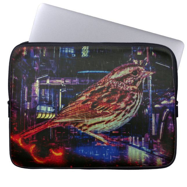 Capa Para Notebook Cyberpunk Sparrow em Neon Cityscape (Frente)