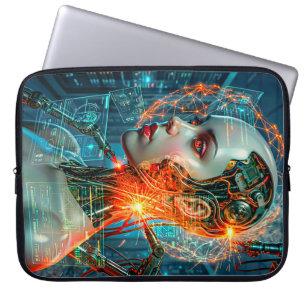 Capa Para Notebook Cyborg Feminino Neon de Ficção Científica Ciberpun