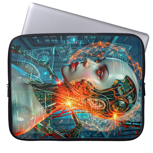 Capa Para Notebook Cyborg Feminino Neon de Ficção Científica Ciberpun (Frente)