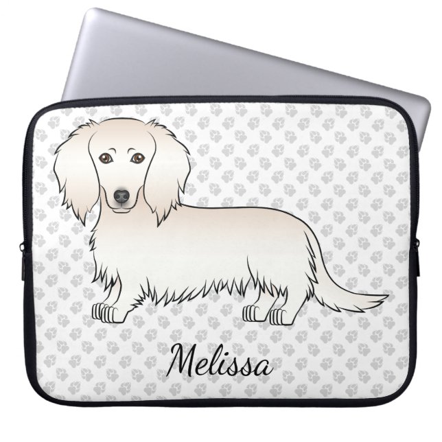 Capa Para Notebook Dachshund Cartoon de Cabelo Longo Creme & Texto (Frente)