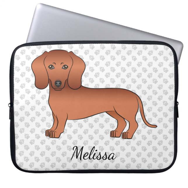 Capa Para Notebook Dachshund Cartoon de Pelagem Lisa Vermelha & Texto (Frente)