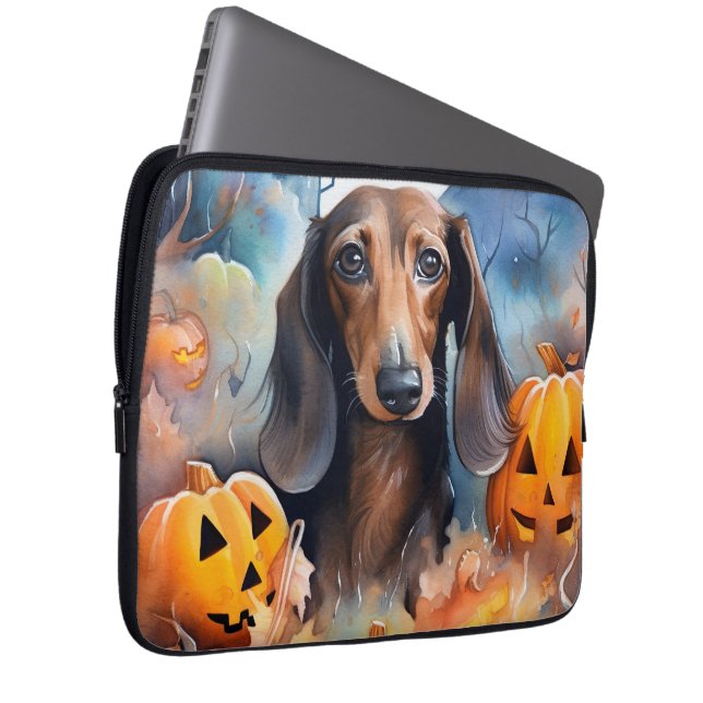 Capa Para Notebook Dachshund Halloween Com Pumpkins Assustado (Frente Esquerda)