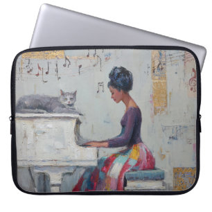 Capa Para Notebook Dama de Piano Reluzente Roxo Cinza Gato