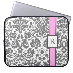 Capa Para Notebook Damasco floral cor-de-rosa cinzento do monograma
