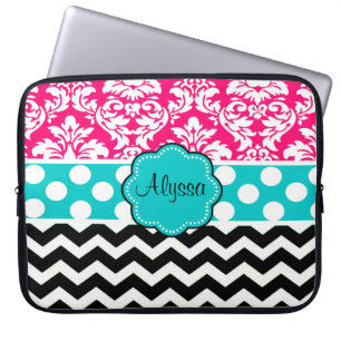 Capa Para Notebook Damasco preto cor-de-rosa Chevron do ponto