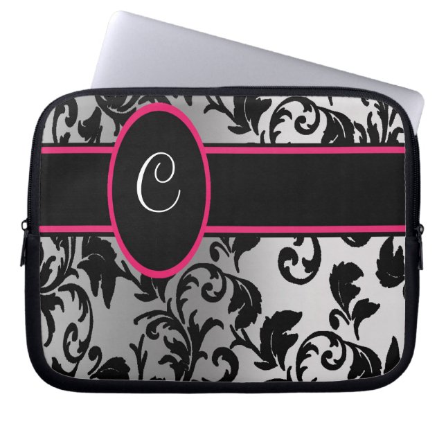 Capa Para Notebook Damasco preto & de prata com preto e rosa (Frente)
