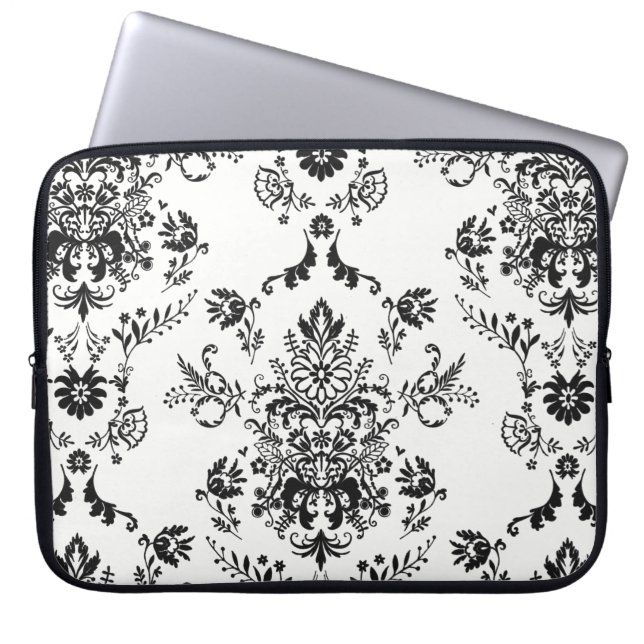 Capa Para Notebook Damasco Preto em Branco (Frente)