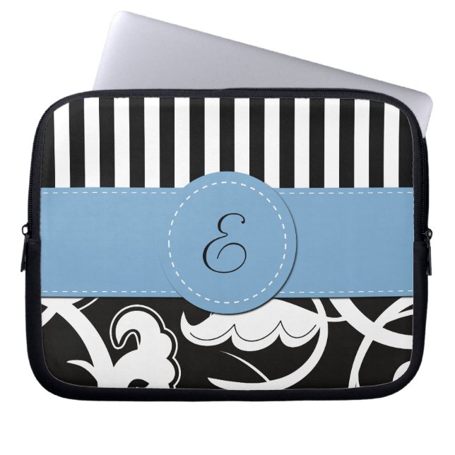 Capa Para Notebook Damasco, Stripes, Preto e Branco, Monograma (Frente)