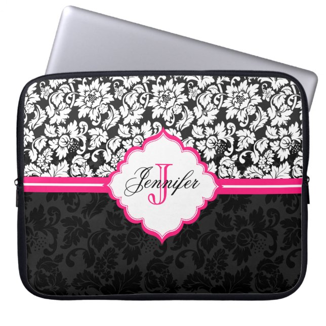 Capa Para Notebook Damascos Florais Pretos, Brancos e Rosa (Frente)