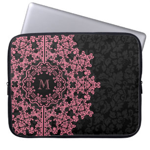 Capa Para Notebook Damascos Pretos De Lace Floral Cor-De-Rosa Monogra