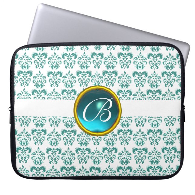 Capa Para Notebook DAMASK GEM STONE MONOGRAM branco azul (Frente)