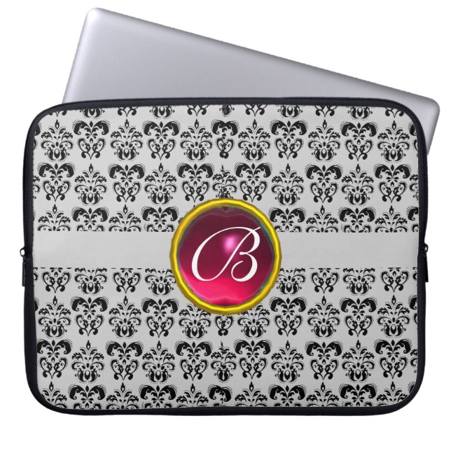 Capa Para Notebook DAMASK GEM STONE MONOGRAM cinza fúcsia negra (Frente)