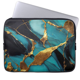 Capa Para Notebook Deep Teal Marble with Bold Gold Veins