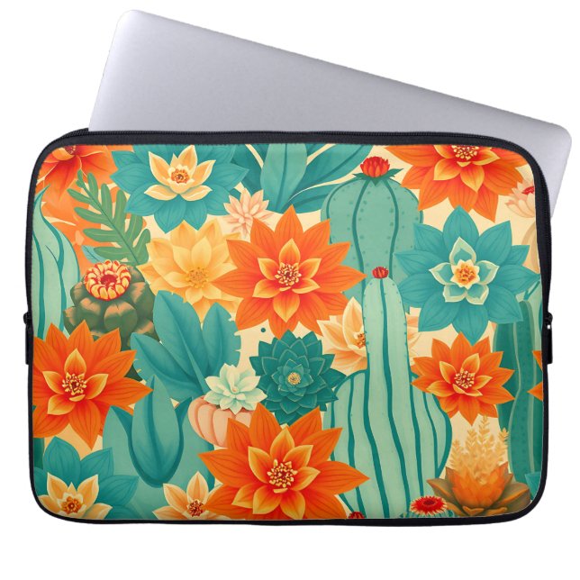 Capa Para Notebook Desabrochar de Cactus no Deserto Laranja Turquesa (Frente)