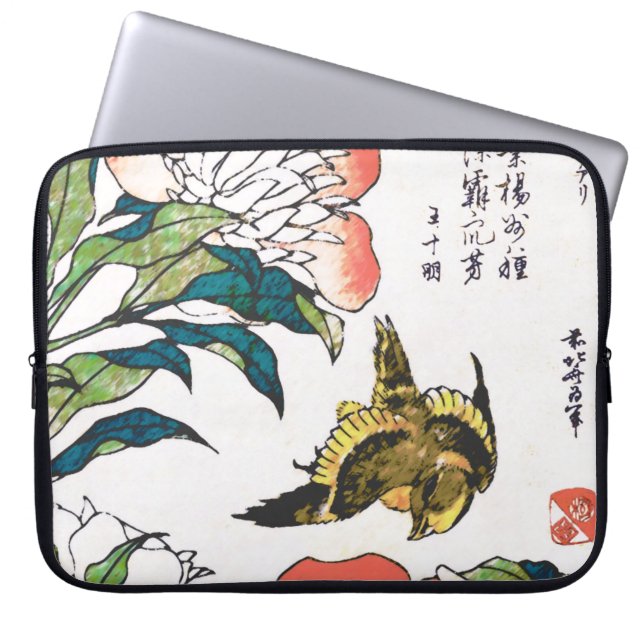 Capa Para Notebook Desenho em japonês, Peonies e Sparrow (Frente)