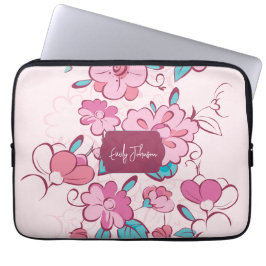 Capa Para Notebook Design de etiqueta com nome com padrão floral rosa