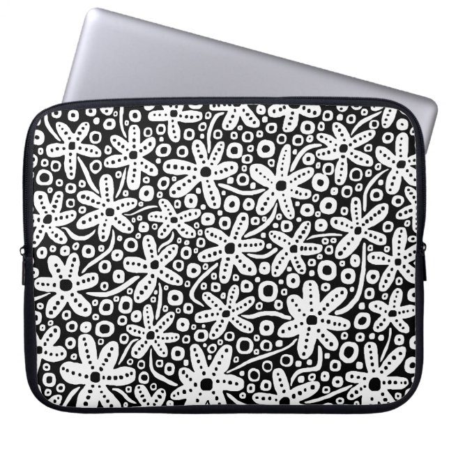 Capa Para Notebook Design de Flor - Branco sobre Preto (Frente)