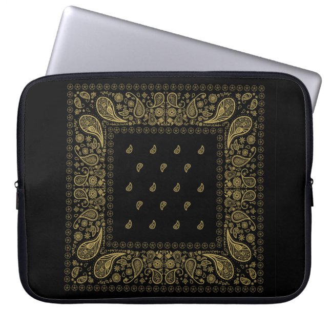 Capa Para Notebook Design de Paisley Dourado e preto (Frente)