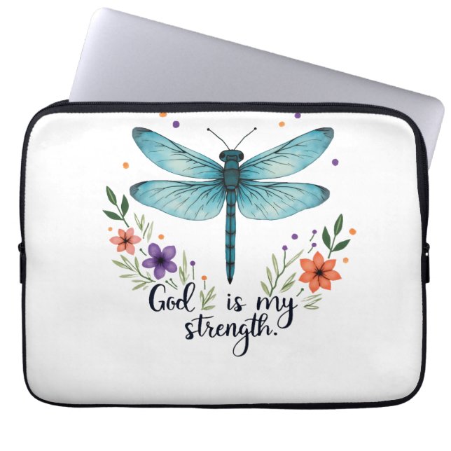 Capa Para Notebook Deus é minha força Floral Libélula Camiseta Cristã (Frente)