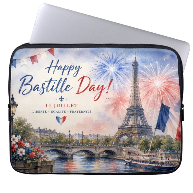 Capa Para Notebook Dia da Bastilha Torre Eiffel Rio Sena fogos de art (Frente)