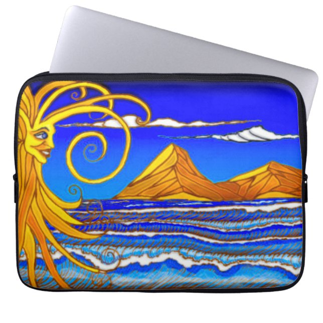 Capa Para Notebook Dia do Sol na Pintura em Aquarela da Praia (Frente)