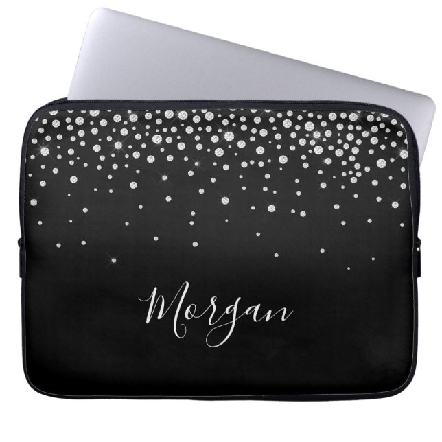 Capa Para Notebook Diamantes Brancos e Nome DIY Branco Script, Preto (Frente)