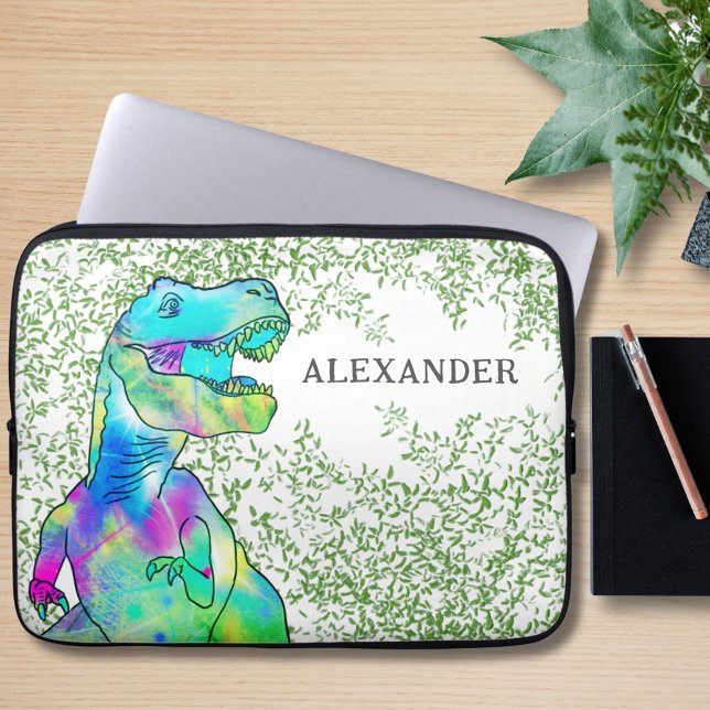 Capa Para Notebook Dinossauro T-Rex Colorido adicionar Nome (Colorful T-Rex Dinosaur with jungle foliage custom name laptop sleeve)