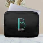 Capa Para Notebook DIY Grande Monograma & Nome, Texto Branco/Teal, Pr<br><div class="desc">Personalize este na moda e design de texto simples com seu nome em branco e seu grande Monograma em Teal em fundo preto.</div>