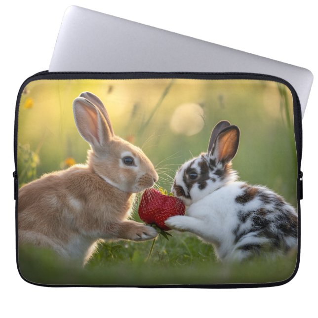 Capa Para Notebook Dois Coelhos Bebês Compartilhando um Grande Morang (Frente)