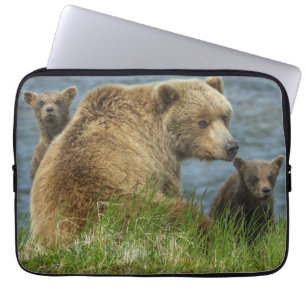 Capa Para Notebook Dois Filhotes de Urso Pardo com a Mãe perto da Águ