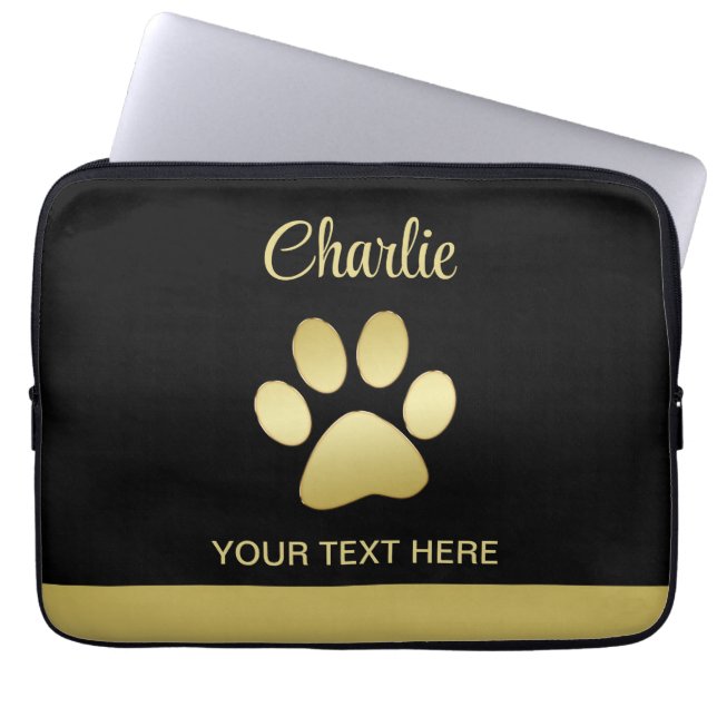 Capa Para Notebook Dourada pata de cão brilhante sobre fundo negro (Frente)