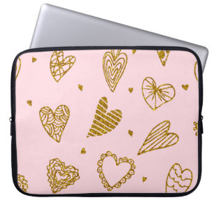 Capa Para Notebook Dourado brilho dos corações: padrão de fundo rosa