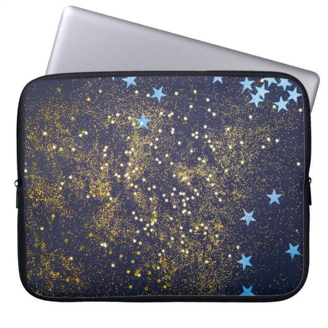 Capa Para Notebook Dourado brilho e reluzente estrelas azuis em preto (Frente)