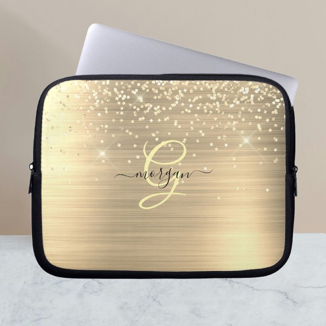 Capa Para Notebook Dourado Glitter & Monograma, Nome em Letra Preta (Criador carregado)