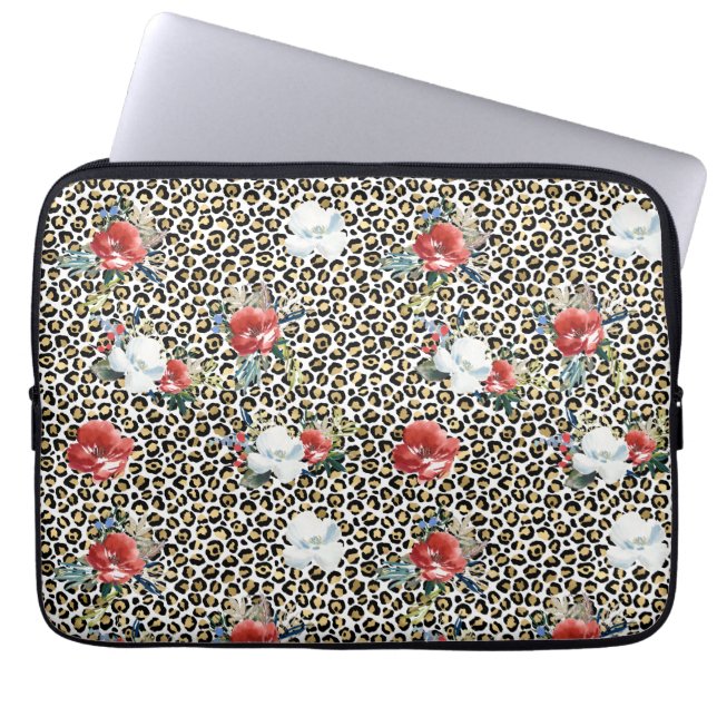 Capa Para Notebook Dourado Leopardo Impresso Vermelho Floral Branco (Frente)
