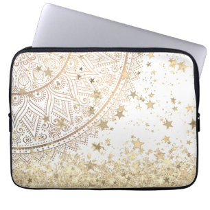 Capa Para Notebook Dourado Lotus Mandala com Douradas estrelas em bra