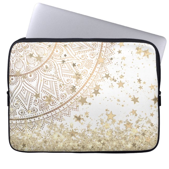 Capa Para Notebook Dourado Lotus Mandala com Douradas estrelas em bra (Frente)