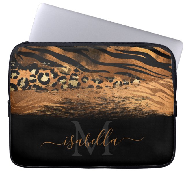 Capa Para Notebook Dourado Preto Monogramado Elegante Script Cobre (Frente)