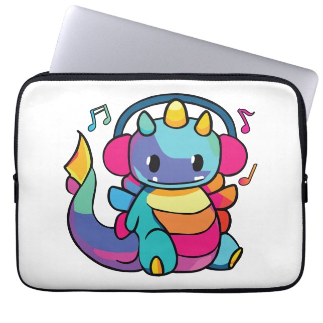 Capa Para Notebook Dragão feliz com fones de ouvido ouvindo música. (Frente)