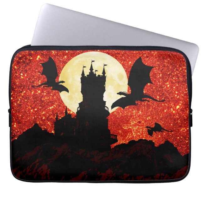 Capa Para Notebook Dragões que voam, castelo do penhasco, Lua cheia, (Frente)