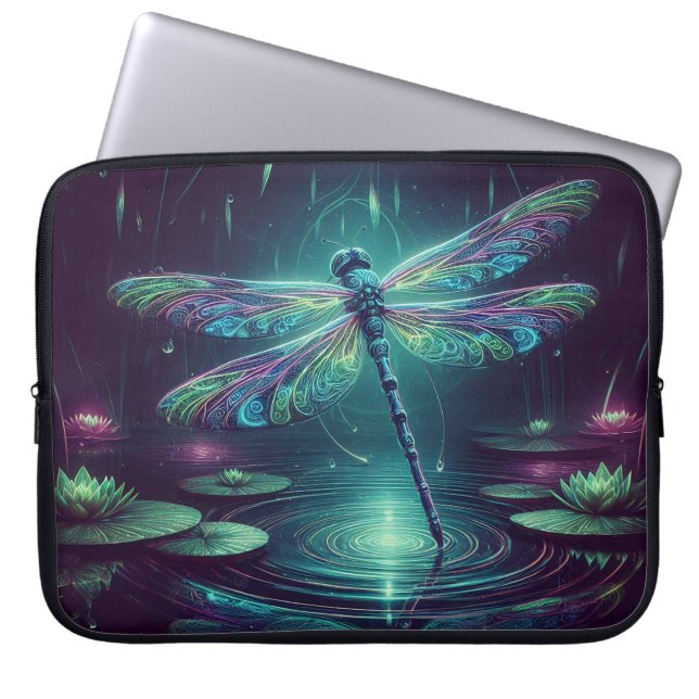 Capa Para Notebook Dragonfly Elétrica, Animais Neon Capturantes (Frente)