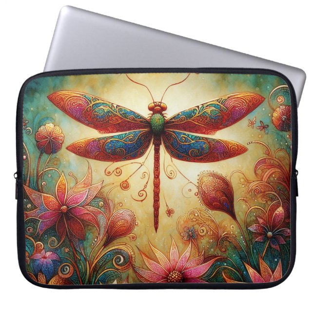 Capa Para Notebook Dragonfly Floral Abstrato-Art Teal Rosa (Frente)