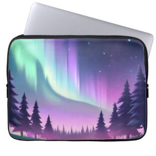 Capa Para Notebook Dreamy Aurora Night: Floresta Roxa e Luz Verde