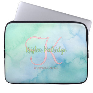 Capa Para Notebook editor de aquarela azul verde nome monograma