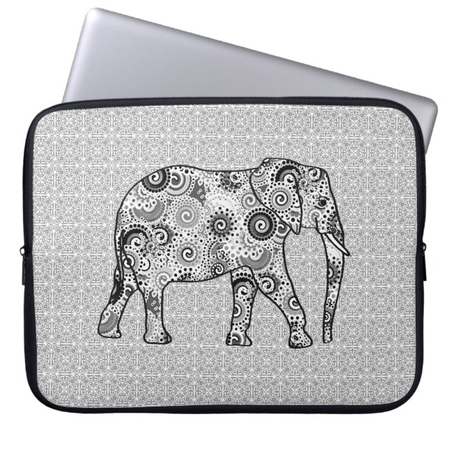 Capa Para Notebook Elefante de espiral fractal - cinzas, preto e bran (Frente)
