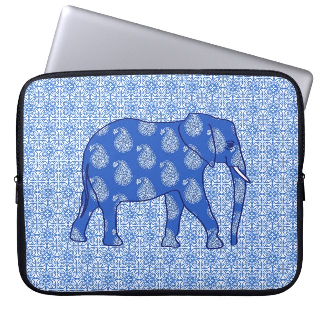 Capa Para Notebook Elefante de Paisley - azul de cobalto e branco (Frente)